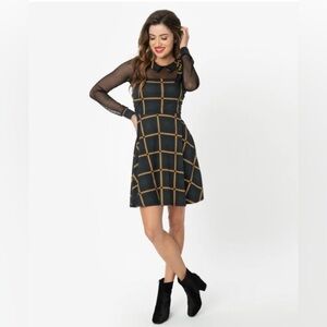 1960s Emerald & Mustard House Tartan Mesh Sleeve Fit & Flare Dress XLarge XL